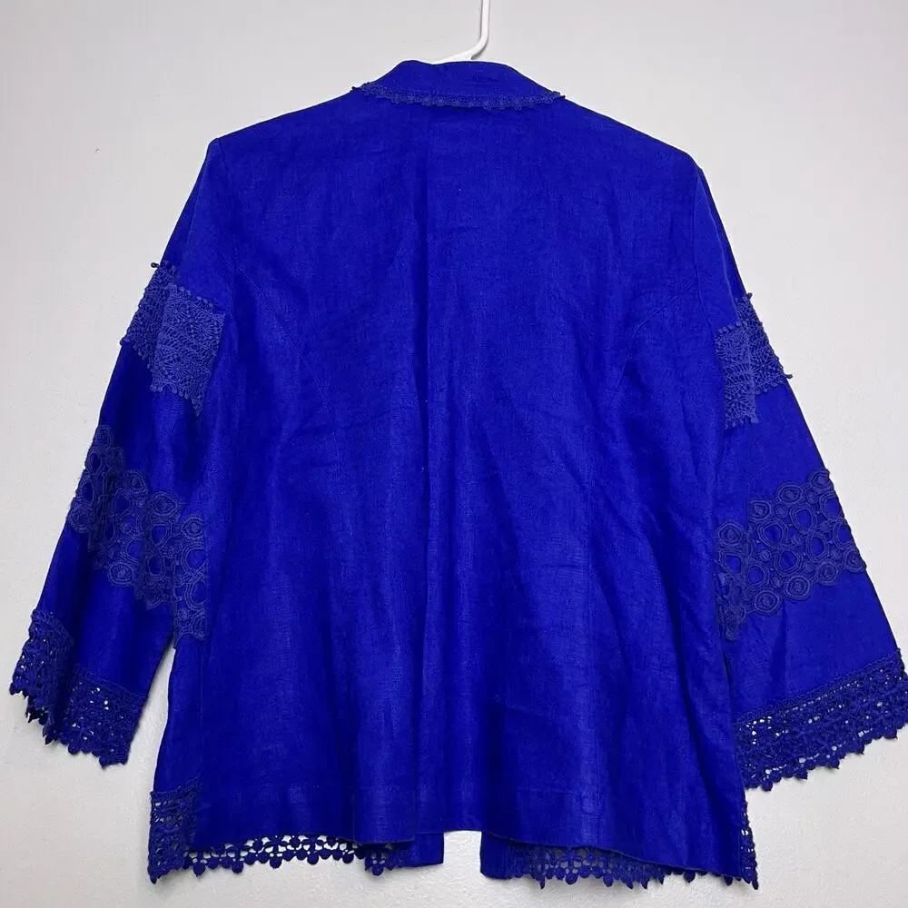Chico's Women's Linen Lace Embroidered Open Front Blouse Sz L Blue Bright Boho